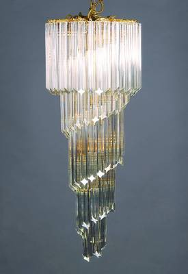 Deckenlampe, Ene 2..H.20.Jh., reicher spiralförmig angeordneter Glasstabbehang, 7 Brennstellen, Fu.nicht geprüft, H.ca.100cm, D.ca.36cm, Behang ...