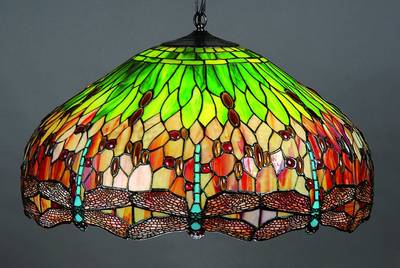 Deckenlampe im Tiffany-Stil, mit umlauf., Libellendekor, 3 getrennt schaltbare Brennstellen, Elektr. nicht gepr., Schirm ca.45cm, D.ca.63cm