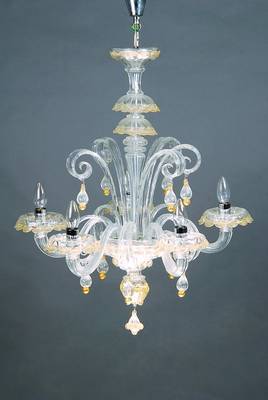 Hängeleuchte/Deckenleuchter, Murano, Barovier & Toso, 1996, reine Handarbeit, Cristallo Veneziano, farbl. Glas mit Golddekoration, 5 Brennstellen, ...