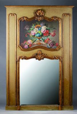Großer Spiegel, deutsch, um 1900, nach dem Vorbild v. 1750, Holz mit reicher Blumenbemalung, facett. Spiegelglas, Volutenverz., krakeliert, st. ...