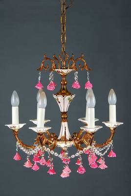 Porzellan-Deckenleuchter mit dazu passender Wandlampe, Gründerzeit, um 1930-35, Mittelbaluster, untere Rosette sowie Tellerchen aus Feinsteinzeug ...