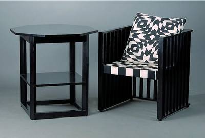 Sitzgruppe, nach 1950, Hoffmann made by Wittmann, Nachbau "Purkersdorfer Sessel", Eiche, schwarz gefasst, best. aus Tisch und 2 Sesseln, ...