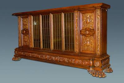 Bücherschrank, Roland Warrings, nach altem Vorbild, Renaissancestil, Nußbaum, 6-türig, teils verglast und versprosst, 3-schübig, aufwendige ...