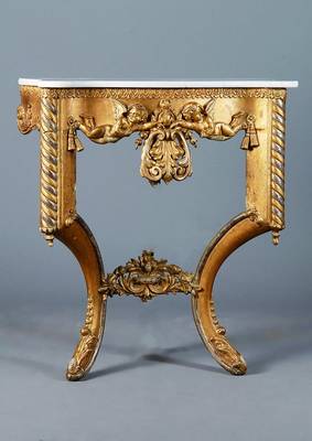 Konsole, Frankreich, um 1860-70, Barockstil, Holz/Stuck, teilvergoldet, Akanthusblattverzierung mit Amoretten in Durchbrucharbeit, Alterssch., ...