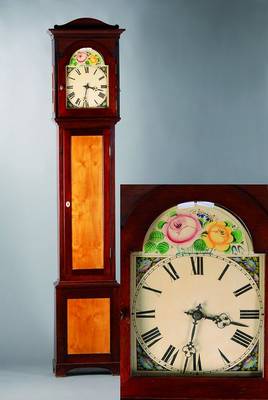 Standuhr, Schwarzwald, um 1870/80, Holzgehäuse, 1 tlg., verschiedene Hölzer, mittig verengt, rechte obere Türe fehlt, floral bemaltes ...