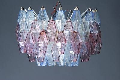 Deckenlampe, Venini Murano, Entw. Carlo Scarpa,50er Jahre, Ausformung 70er Jahre, Metallmontur mit vier Reihen Glaskörper, 9 Brennstellen, Elektr. ...