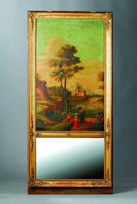 Trumeau, Frankreich, um 1830/40, Holzrahmen, Polimentvergoldung, matt und glänzendes Gold, aufgelegte Appliken, Blumen und Rocaillendekor, oberer ...