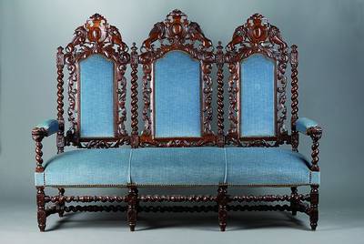 Sofa, deutsch, um 1880, Danziger Barockstil,Eiche massiv, Korpus stark gedrechselt, korkenzieherförmige Rückenlehne mit Durchbruchschnitzereien, ...