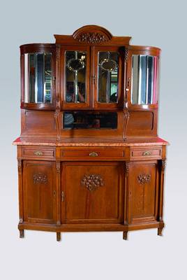 Aufsatzbuffet, Frankreich, um 1900, Eiche, Unterteil 3-türig, 3-schübig, Oberteil 4-türig m. Spiegelglas, Marmorplatte l. best., sparsame ...