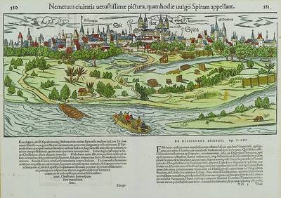 Holzstich aus Sebastian Münsters Cosmographie, 17. Jh., Die Stadt Speyer am Rhein, sek. koloriert, ca. 28x39cm, PP, u.Gl., R.
