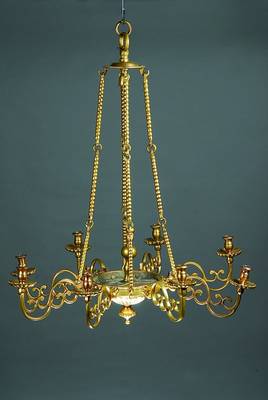 Deckenlampe, wohl deutsch, um 1790/1800, Messing, mit einhängbaren Armen, 8 Brennstellen, nicht elektrifiziert, für Kerzen, Gebr.-Sp., H. 88 cm, D. ...