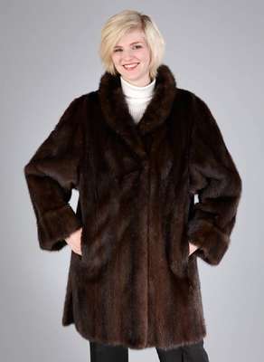 Nerzlongjacke, Gr. ca. 40, braune Felle längst verarbeitet, braunes Innenfutter, 2 seitl. Innentaschen, 2 seitl. Gehschlitze, Rückenl. ca. 91 cm