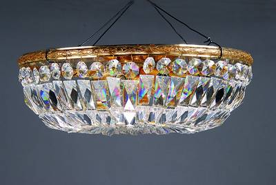 Deckenlampe, deutsch, 70/80er Jahre, Kristallglas geschliffen, 6 Brennstellen, Messingmontierung, Elektr. nicht geprüft, jedoch intakt, H. ca. 28cm