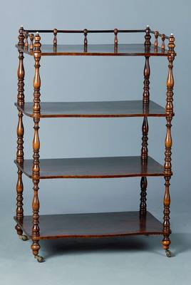 Etagere, deutsch, um 1900, Buche dunkel gebeizt, Säulen reich gedrechselt, 4 Etagen, auf Rollen, Balustradenabschluss, Gebr.-Sp., ca. 100x65x40 cm
