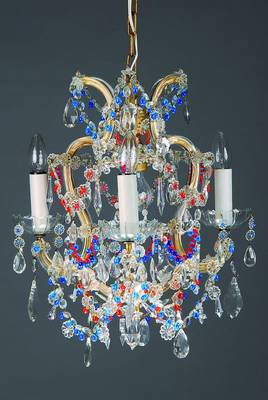 Deckenlampe, wohl Böhmen 60er Jahre, Kristallbesatz mit teilweise buntem Behang, H.ca. 46 cm, D.ca. 43 cm, Elektr. nicht geprüft, leichte Alterssp.