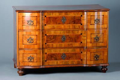 Barockkommode, wohl Augsburg, um 1750, Korpus WH, Eichefurnier, Inlets in Nußbaum, Kirschbaum und Ahorn, Front doppelt geschweift, 3-schübig, ...