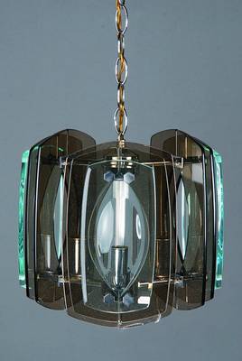 Deckenlampe, Fontana Arte, Metallmontur, geschliffenes Glas, drei Brennstellen, H. ca. 55cm (verstellbar), D. ca. 37cm, Elektr. nicht geprüft
