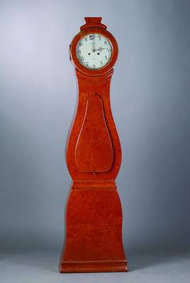 Standuhr, Schweden um 1800, Holzgehäuse in Violinform, furniert, Metallzifferblatt sig.: A.A.S. Mora, eiserne Platinen, mass. Hakengang, Std. Schlag ...