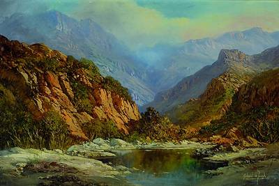 de Jongh, Gabriel Cornelis, 1913 Amsterdam-2004, Afrikanische Berglandschaft,Öl/Lwd, signiert, verso Aufkleber der Neil Sack Gallery in ...