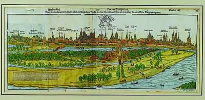 Holzstich aus Sebastian Münsters Cosmographie, um 1580, aus drei Blättern zusammengefügt, später koloriert, leicht knitterfaltig, ca. 29x66cm, ...