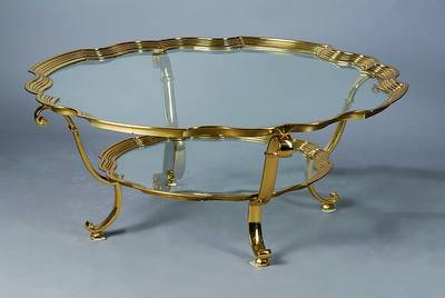 Tisch, Italien, 70er Jahre, Glas, Messingmontur, im Barockstil, 2. Glasboden, H. 45 cm, D. 110 cm