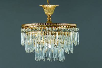 Deckenlampe, nach dem Vorbild von 1900, facettierter Glasbehang, 3-stufig, wenige Teile fehlen, 1 Brennstelle, Fkt. nicht geprüft, H. ...