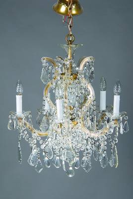 Deckenleuchter, Italien, 60er Jahre, reiches Kristallgehänge, 6 Brennstellen davon 1 in der Mitte, H. ca. 57 cm