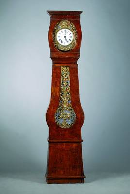 Standuhr, Frankreich um 1880, Gehäuse Weichholz, Glas von Türe fehlt, verzierte ovale Messingumrandung mit dazu gehörendem Prunkpendel, ...