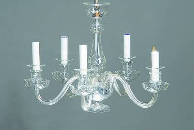 Deckenlampe, Böhmen, 50/60er Jahre, Monturen ummantelt mit geschliffenem farblosem Glas, 5 Brennstellen