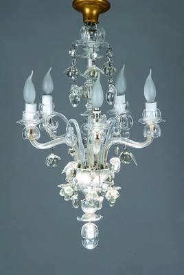 Deckenleuchter, Murano, 1960er/70er Jahre, farbloses Kristallglas, 5 Brennstellen, Abhängungen in Form von Trauben und Äpfeln, H.ca. 62cm, D. ca. ...