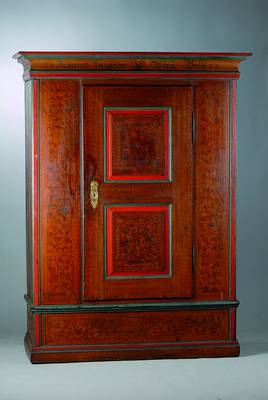 Orig. Schwarzwälder Hochzeitschrank, datiert 1830, sehr guter Originalzustand, komplett zerlegbar, originale farbige Fassung , 1-türig, Inlets ...