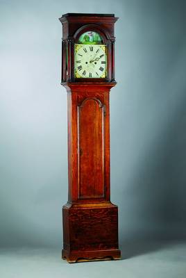 Standuhr England, um 1830, Eichengehäuse, bemaltes Metallzifferblatt, sign.: "J. Modd, Donnington" (Lit. B. Loomes S. 162), mass. ...