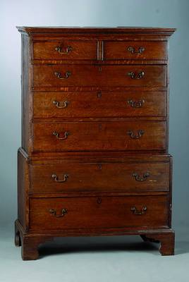 Englische Herrenkommode, um 1800, Eiche, 8 -schübig, Kopf m. Zahnfries, z.gr.T. ohne Schlüssel, teils ohne Schloß, Alterssch., schwundrissig, ca. ...