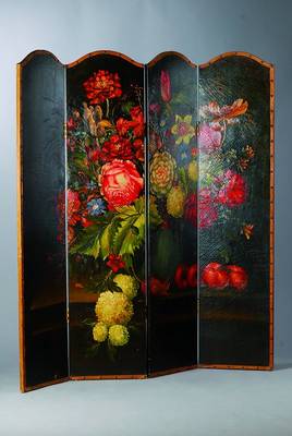 Vierteiliger Paravent, deutsch, um 1910-20, bunt bemalt in Öl auf Lwd mit üppigem Blumenstillleben im Stil der alten niederländischen Meister, ...