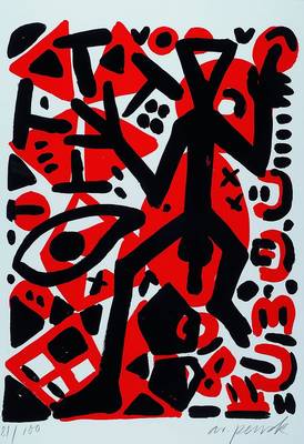 A.R. Penck, geb. 1939, Farbserigraphie, handsigniert und num. 81/100, ca. 58x43cm, unter Glas, Rahmen