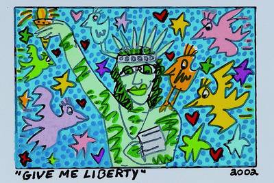 James Rizzi, 1950-2011 New York, Give me liberty, Original Farblithographie von 2002 auf Bütten, Blattgrösse ca. 14.5x12 cm, Motivgrösse ca. ...