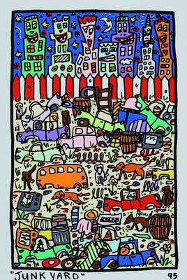 James Rizzi, 1950 New York-2011, Junk Yard, Original Farblithographie von 1995 auf Bütten, Blattgrösse ca. 34x25cm, Motivgrösse ca. 26.5x16.5cm