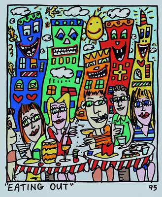 James Rizzi, 1950 New York -2011, Eating out, Original Farblithographie von 1995 auf Bütten, Blattgrösse ca. 29x26.5cm, Motivgrösse ca. 21x17cm