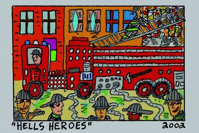 Rizzi, James, 1950 New York - 2011, Hells Heroes, Original Farblithografie von 2002 auf Bütten, Blattgrösse ca. 15x12cm, Motivgrösse ca. 7.5x.5.5cm