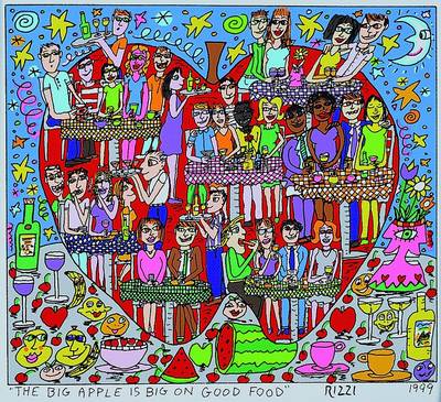James Rizzi, 1950 New York-2011, The big apple is big on good food, Farblithographie auf Leinwand aufgezogen, datiert 1999, ca. 21x20cm, Rahmen