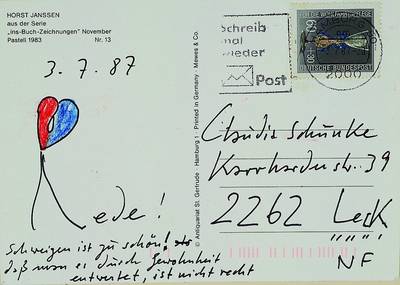 Horst Janssen, 1929-1995, Postkarte mit kleiner Zeichnung von 1987, ca. 10x15cm
