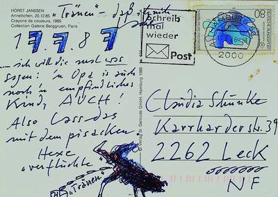 Horst Janssen, 1929-1995, Postkarte mit kleiner Zeichnung von 1987, ca. 10x15cm