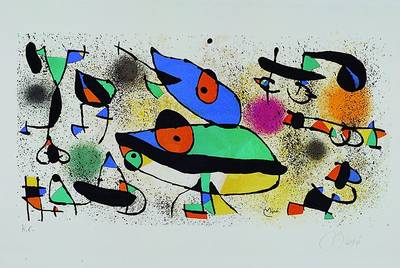 Miro, Joan, 1893-1983, Farblithographie, handsigniert und bez.: H.C., ca. 30x58cm, leichter Lichtrand außerhalb der Darstellung