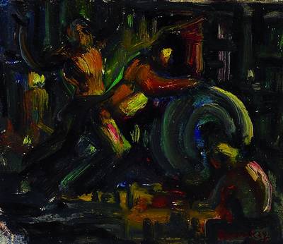 Ruzicskay, György, 1896 Szarvas/Ungarn - 1993, studierte in München, Paris und Rom, hier: Arbeiter in der Fabrik, Öl/Karton, signiert, verso ...