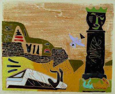 Müller-Landau, Rolf, 1903-1956 Bad Bergzabern, er opfert seinem Gott, Farbholzschnitt auf Japanpapier, handsigniert und betitelt, ca. 43x53cm, unter ...