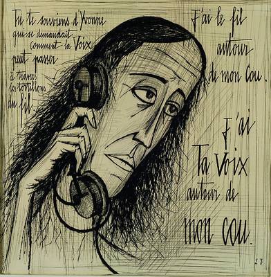 Buffet, Bernard, 1928-1999, Kaltnadelradierung aus der Serie La Voix humaine, Auflage 150 Exemplare, geglättete Bugfalte, ca. 44x44cm, unter Glas, ...