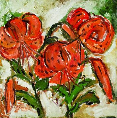 Herfeld, Ulrike, geb. 1945, Feuerlilien, Öl/Lwd, unsigniert, ca. 40x40cm, Rahmen