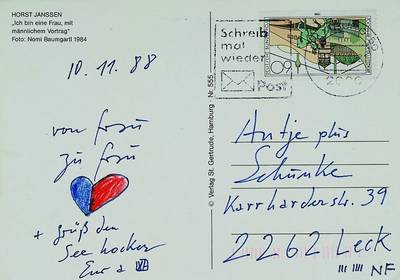 Janssen, Horst, 1929-1995, Postkarten Multiple mit kleiner Zeichnung, an seine Geliebte Claudia Schunke von 1988, ca. 10x15cm