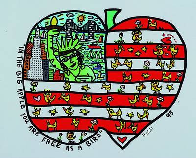 James Rizzi, 1950 New York - 2011, In the big apple you are free as a bird, Farblithographie, datiert 1995, unter Glas, ca. 27cm