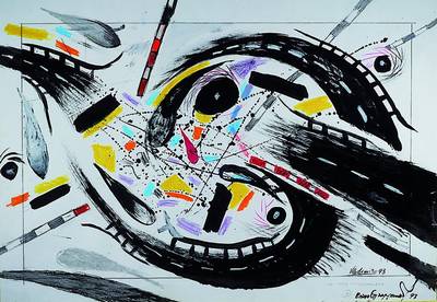 Vladimir, zeitgenössischer russischer Künstler, Gouache in der Art des W. Kandinsky, signiert, ca. 70x99cm, unter Glas, Rahmen
